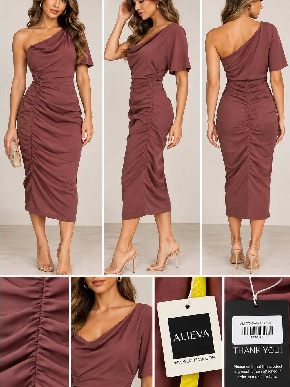 Aliava One-Shoulder Ruched Midi Dress in Brown